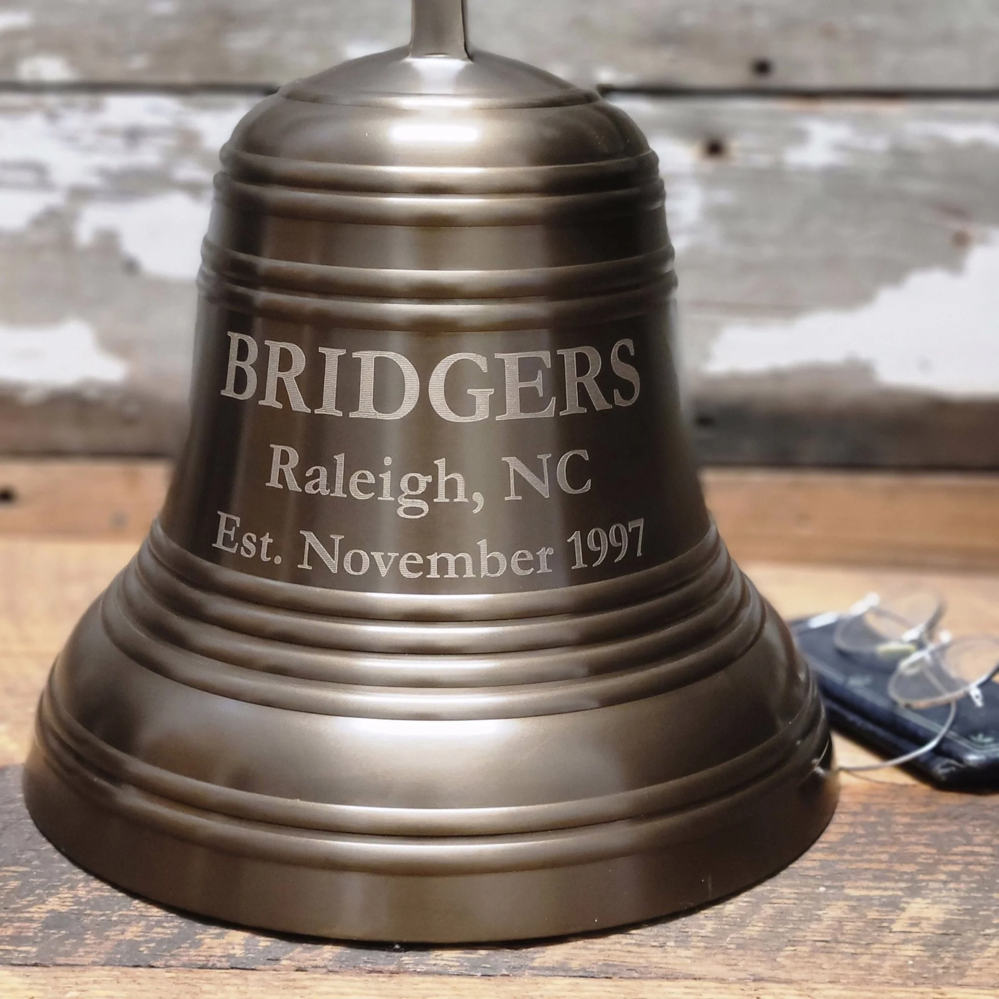 10 Inch Diameter Engravable Antiqued Brass Ridged Wall Bell - Image 7