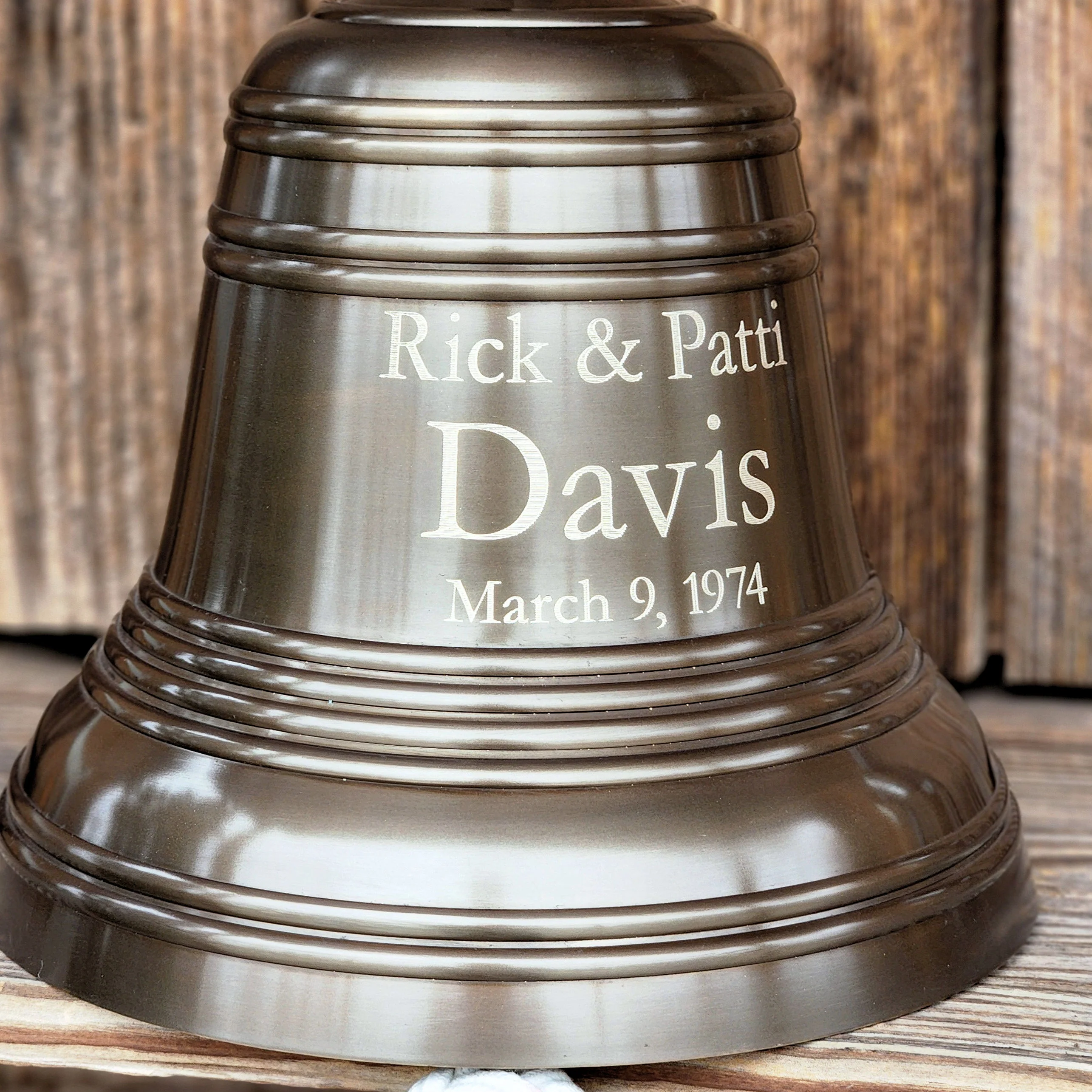 10 Inch Diameter Engravable Antiqued Brass Ridged Wall Bell - Image 9