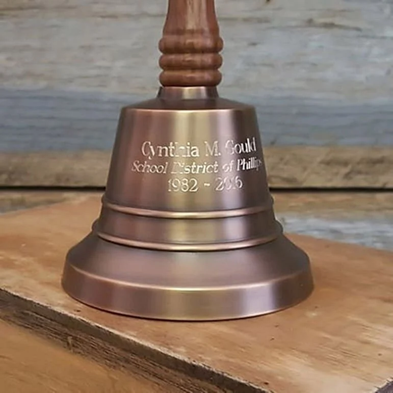 11 Inch Antiqued Brass Cancer Ribbon Engraved Hand Bell - Image 4