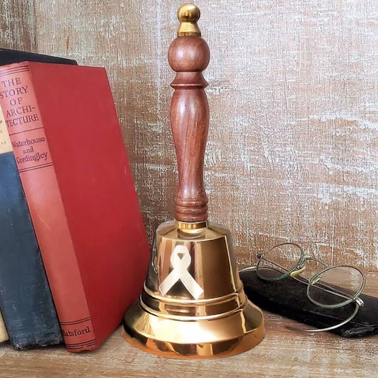 11 Inch Antiqued Brass Cancer Ribbon Engraved Hand Bell - Image 5