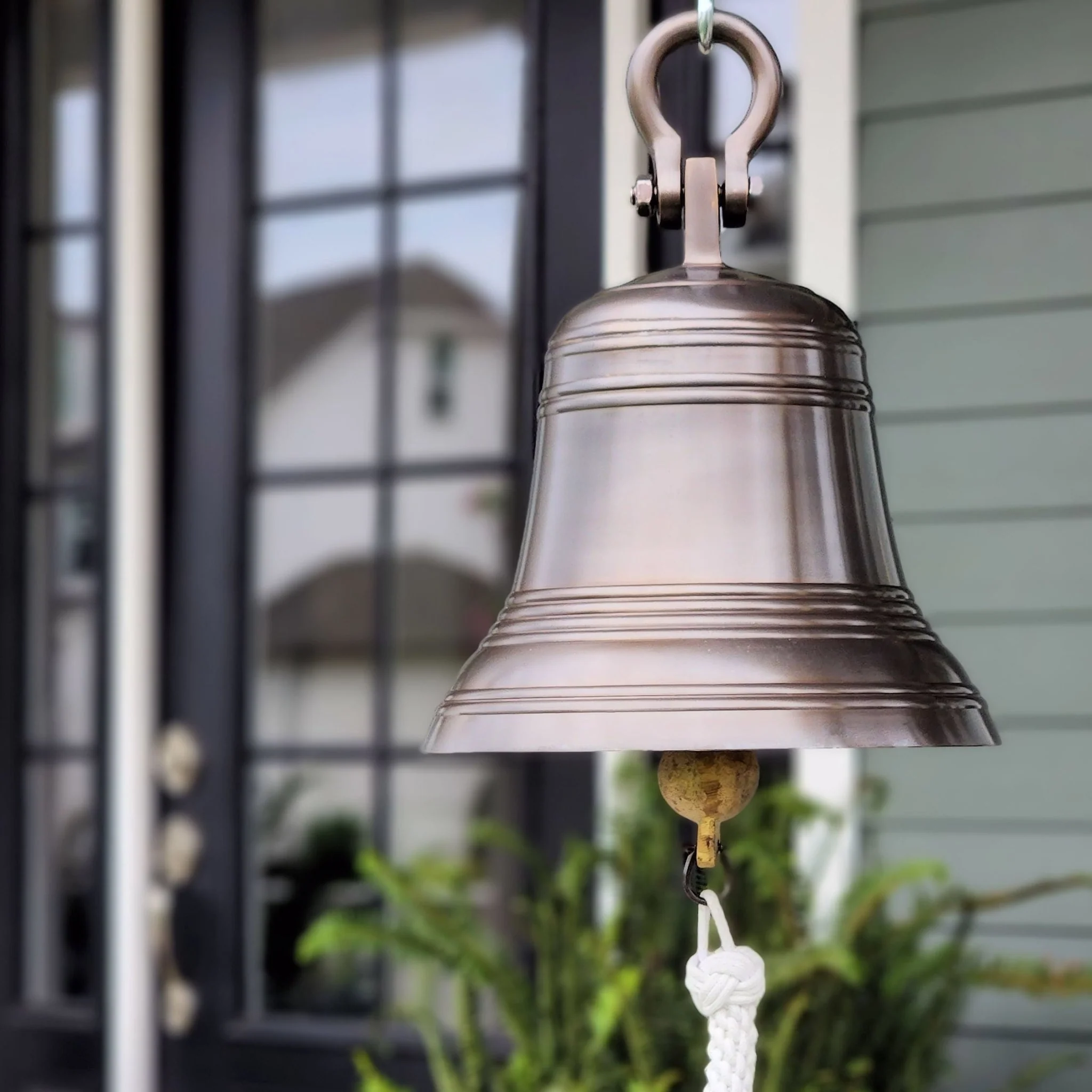 12 Inch Diameter Engravable Antiqued Brass Ridged Hanging Bell - Image 3