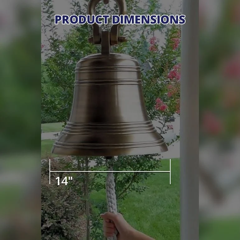 14 Inch Diameter Engravable Antiqued Brass Ridged Hanging Bell - Image 5