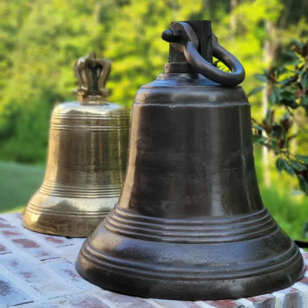 18 Inch Diameter Distressed Brass Ridged Hanging Bell - Image 4