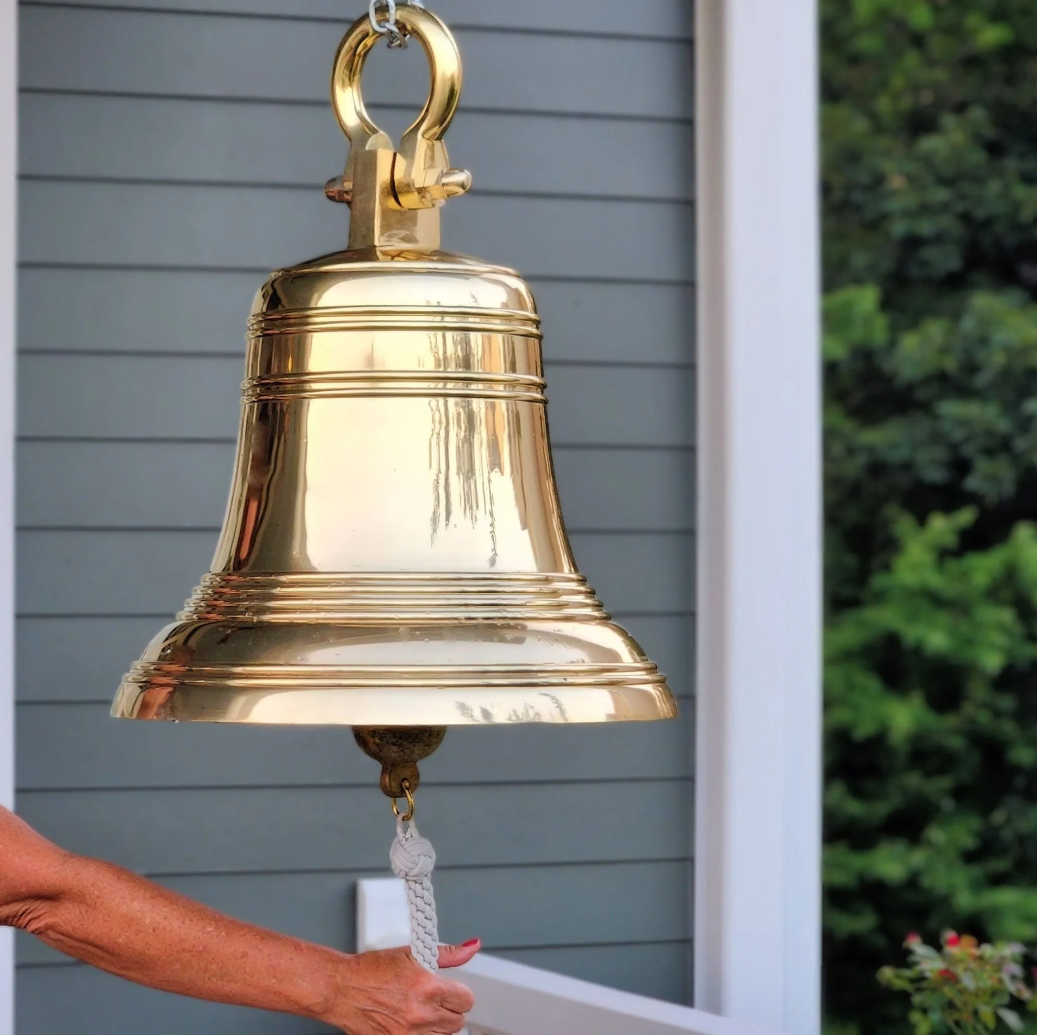 18 Inch Diameter Personalized Polished Brass Ridged Hanging Bell - Image 5