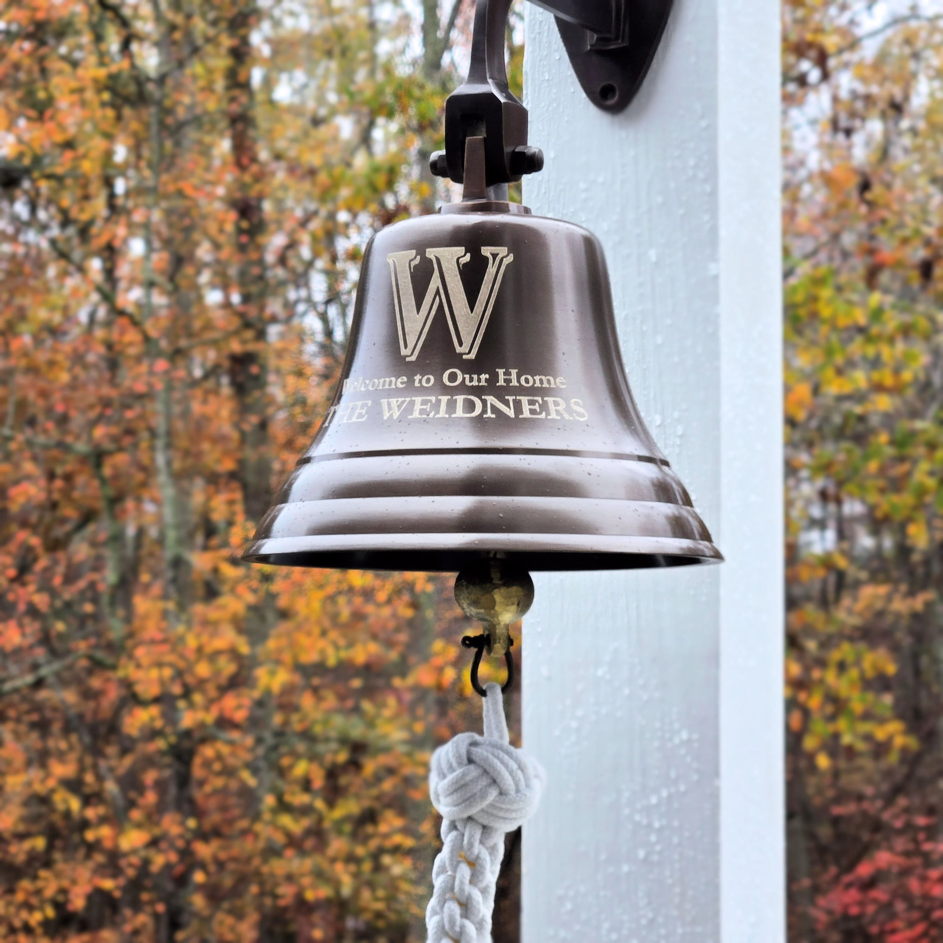 7 Inch Diameter Antiqued Brass Family Name Initial Wall Bell - Image 4