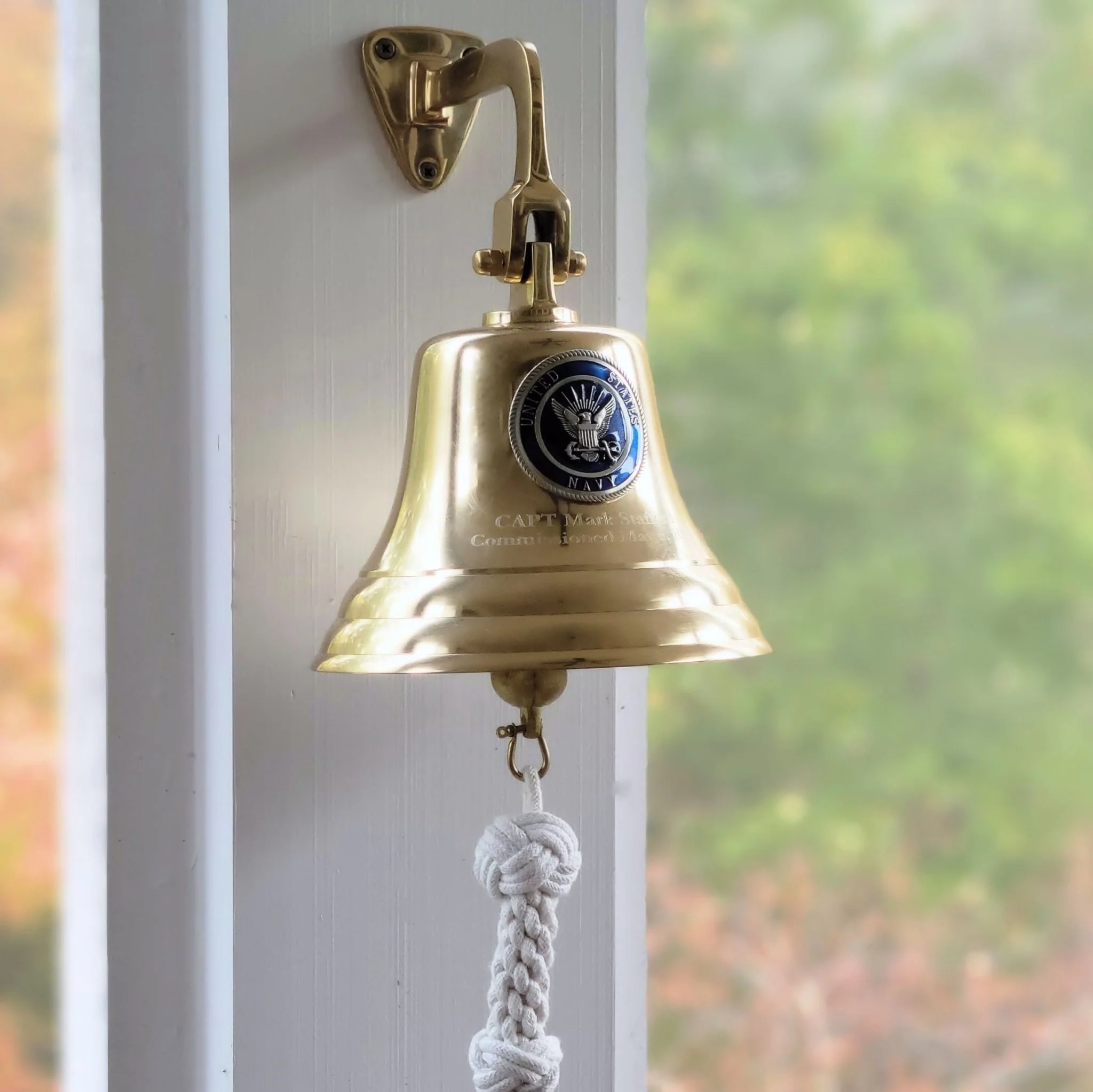 7 Inch Diameter Polished Brass Wall Bell With Navy Emblem - Image 5