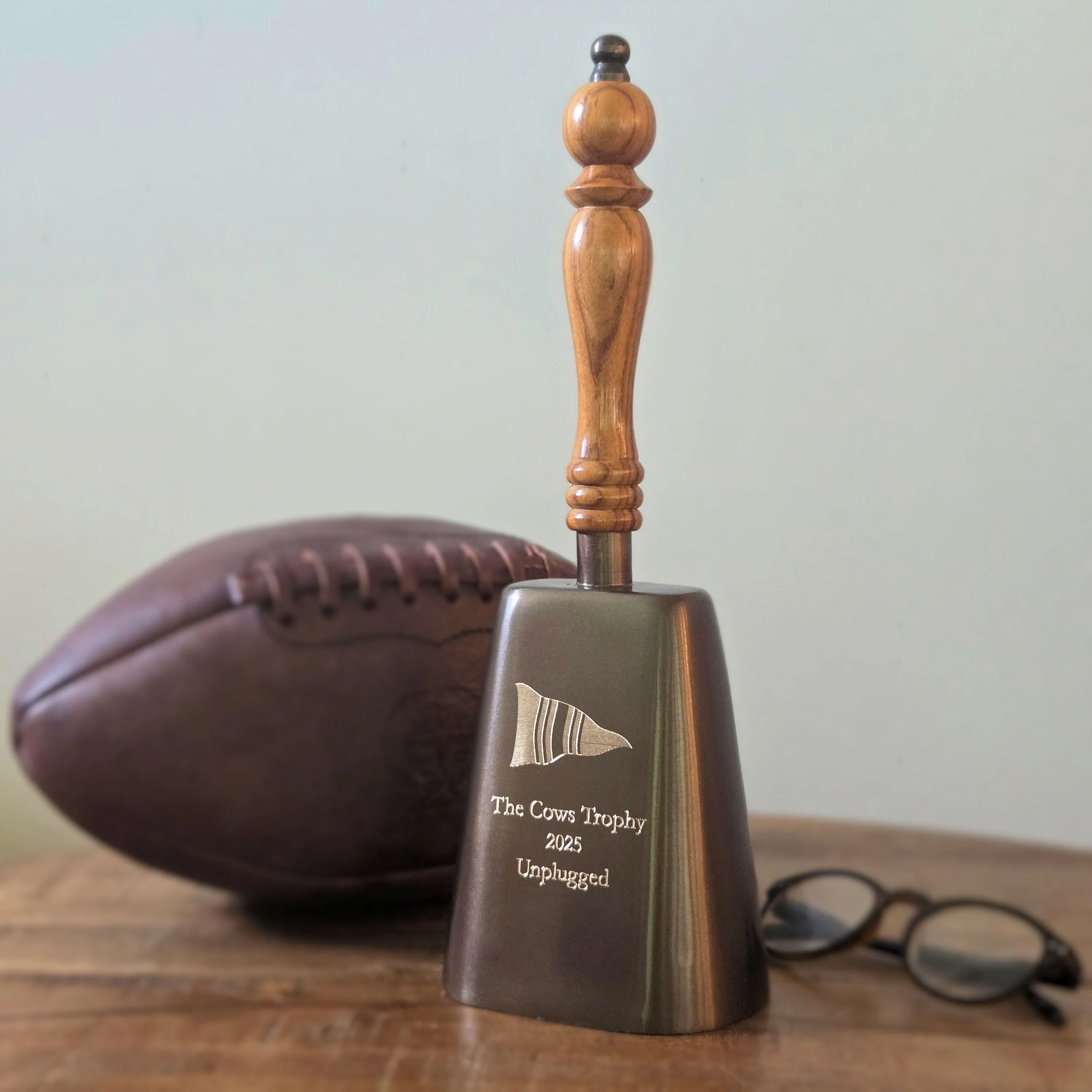 Large Engravable Antiqued Brass Cowbell With Wood Handle - Image 2