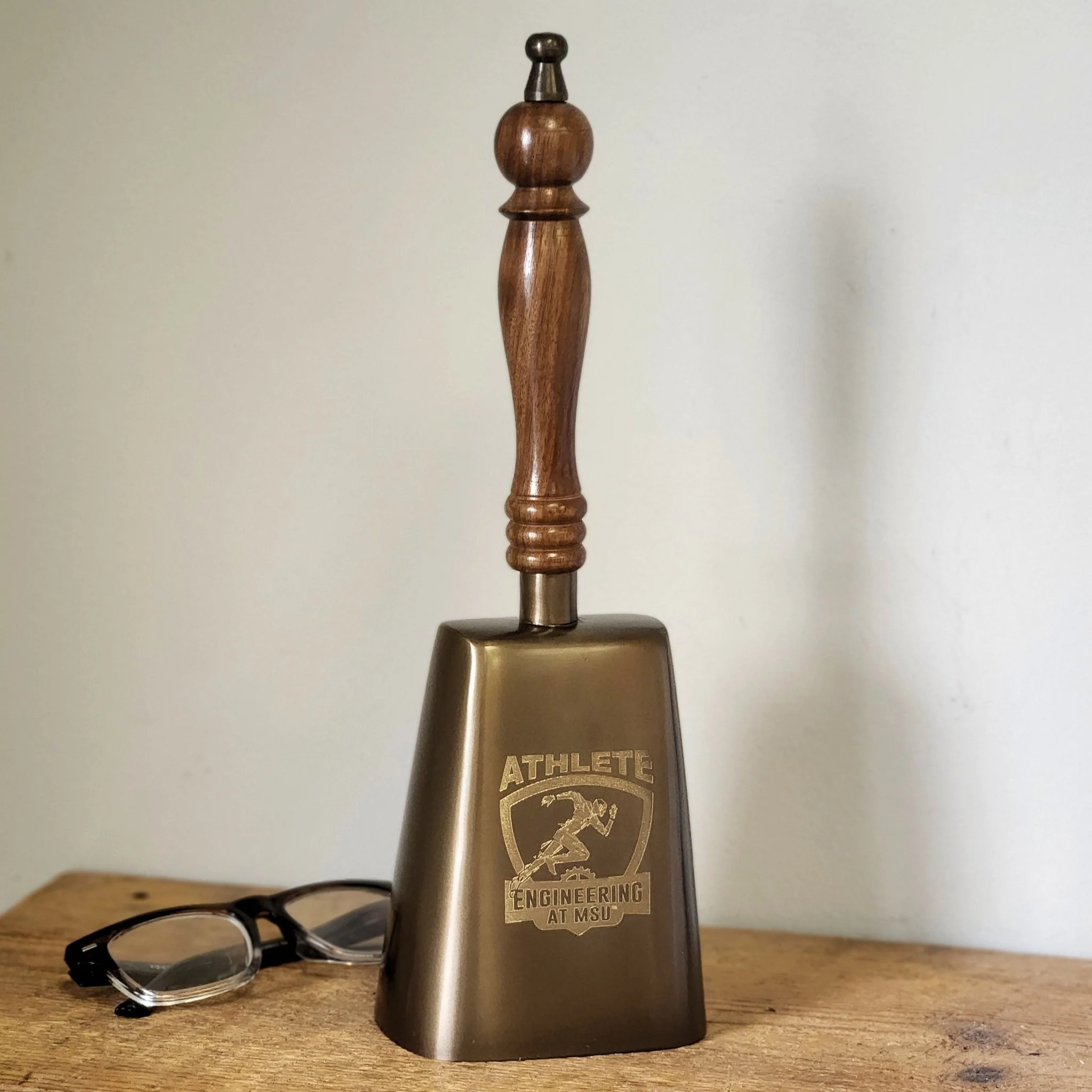 Large Engravable Antiqued Brass Cowbell With Wood Handle - Image 3